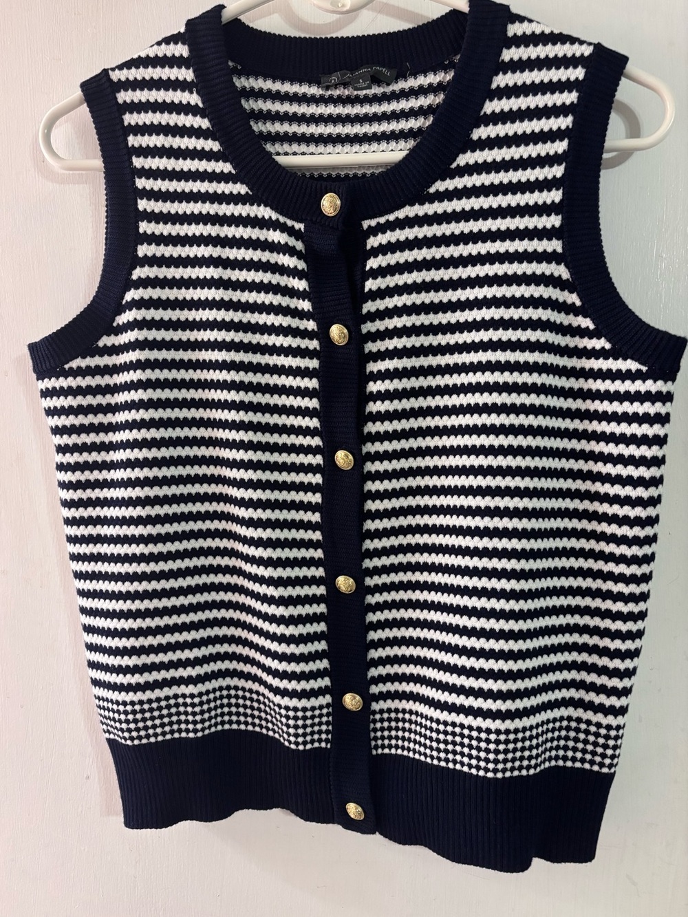 Adrianna Papell Navy and White Striped Button-Front Sweater Vest